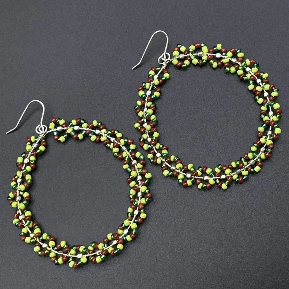 Silver Wire Wrapped Multicolored Beaded Round Wreath Dangling Hook Earrings